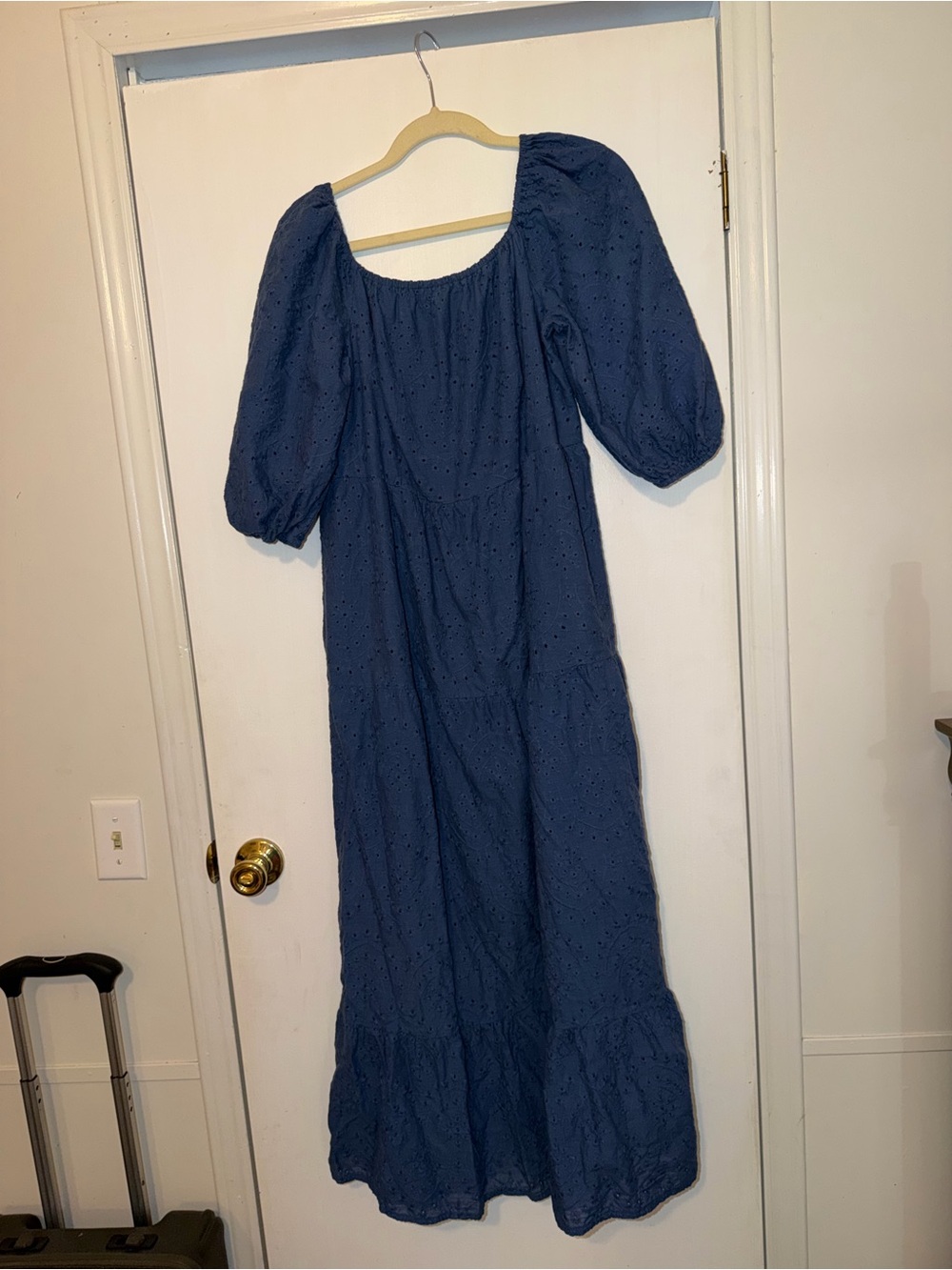 Blue Eyelet Maxi Dress with Puff Sleeves
